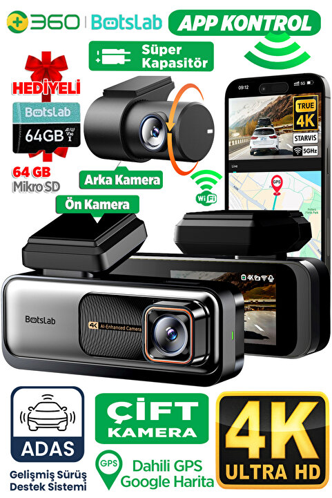 +360 Botslab G980h Pro Adas Ön 4k Uhd Arka 2k Qhd 170° Geniş Açı Gecegörüşü Gps Wifi Araç Içi Kamera