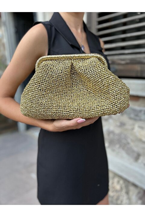 hati . bags Altın Renk parlak metalik kağıt ip Portföy Clutch Çanta