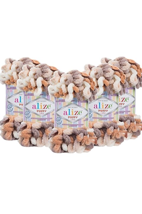 Alize Puffy Color El Örgü Ipliği 5'li Paket - 5926 Karamel Kahve- 100 Gr. 9 Mt. Parmak Örgü Ipi