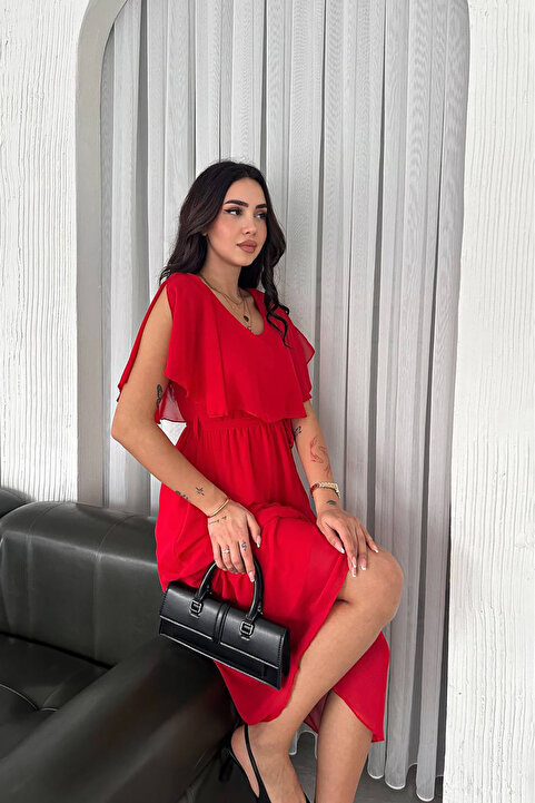 Neşeli Butik kadın kuşaklı midi boy şifon elbise NBK4116