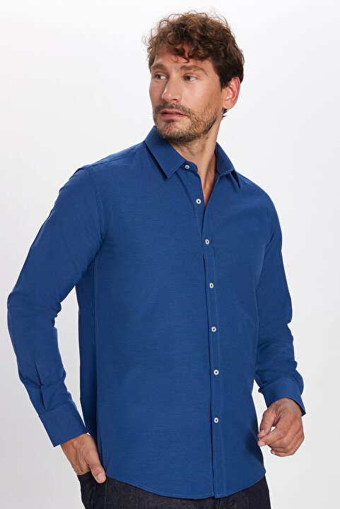 Tudors Modern Slim Fit Uzun Kollu Pamuklu Kolay Ütü Armürlü Erkek Sax Mavi Gömlek