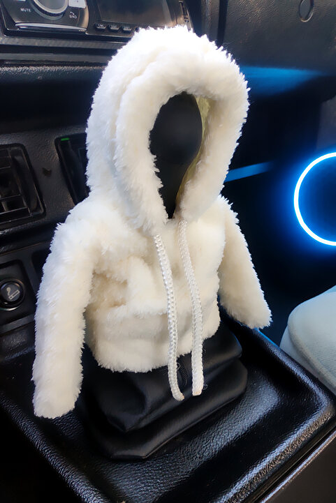 Bundeba Vites Süsü Ekru Balaklava Peluş Hoodie Kapüşonlu Araba Vites Topuz Süsü Oto Aksesuarı Vites Topuzu