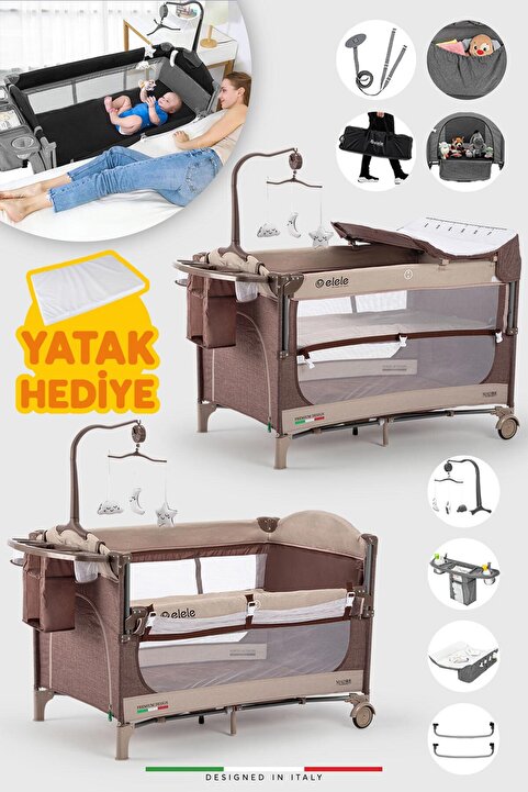 Elele Madre Anne Yanı Park Yatak Oyun Parkı 70x110 Cm Kahve Yatak Hediye