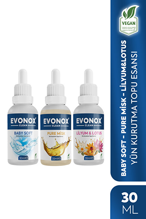 Evonox Clean Çamaşır Yün Kurutma Topu Esansı Koku Seti 30 ml - 3 Adet (LilyumLotus + Pure Misk + Baby Soft)