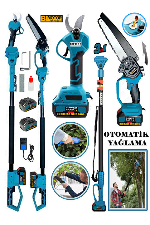 Eisenn German KİMMEERPLUS3 Lü Set Blue Zincirli Otomatik Yağ Pompalı Dal Kesme Akülü Budama Makası Teleskop