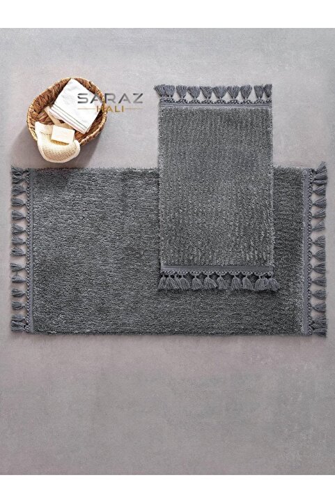 SARAZ HALI Puffy Banyo Paspas 2 Li Saçaklı Yıkanabilir Antrasit