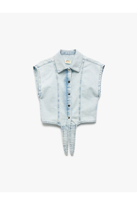 Koton Düğme Kapamalı Bağlama Detaylı Pamuklu Crop Denim Gömlek