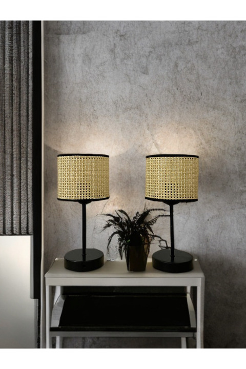 retro home design Abajur Ikili Set Bej Hasır Şapkalı Abajur Masa Lambası Salon Yatak Odası 2'li