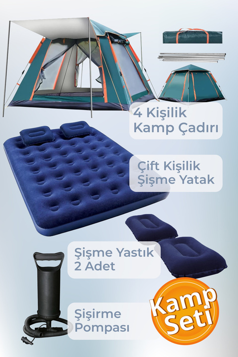 Black Island Kamp Seti 4 Kişilik Kamp Çadırı Çift Kişilik Yatak Yastık Pompa