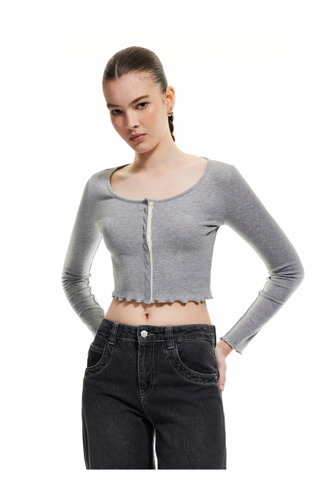 Koton Çıt Çıt Düğmeli Yuvarlak Yaka Uzun Kollu Slim Fit Crop Tişört