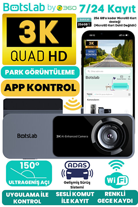 +360 Botslab Hk50 3k Qhd Wifi 150° Ultra Geniş Açı Gece Görüşlü Akıllı Araç Kamera (2025)