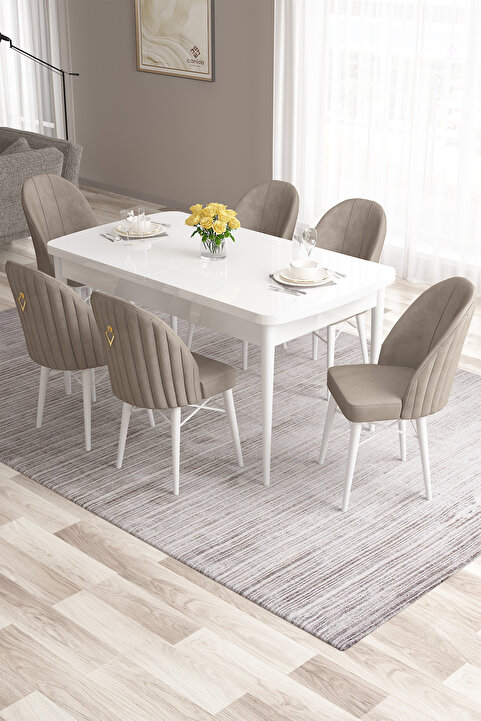 Canisa Roz Serisi 80x132 Mdf Açılabilir Beyaz Masa Takımı Gold Halkalı 6 Cappucino Sandalye