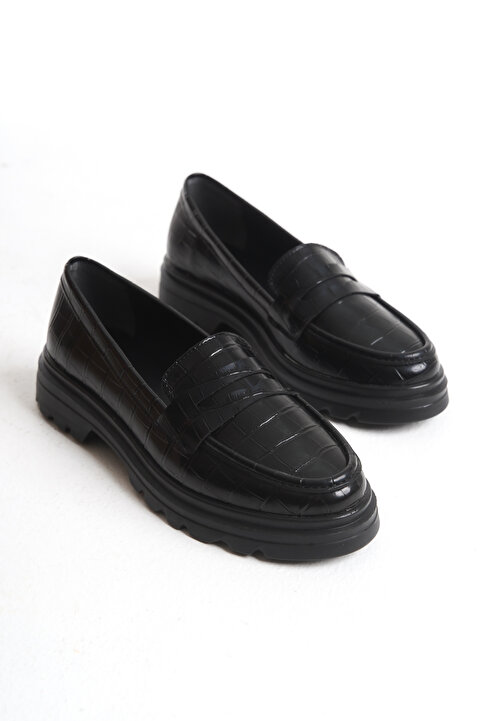 Shoesers Kadın Krokodil Tasarım Sade ve Şık Casual Oxford, Hafif ve Kalın Tabanlı Günlük Loafer Ayakkabı