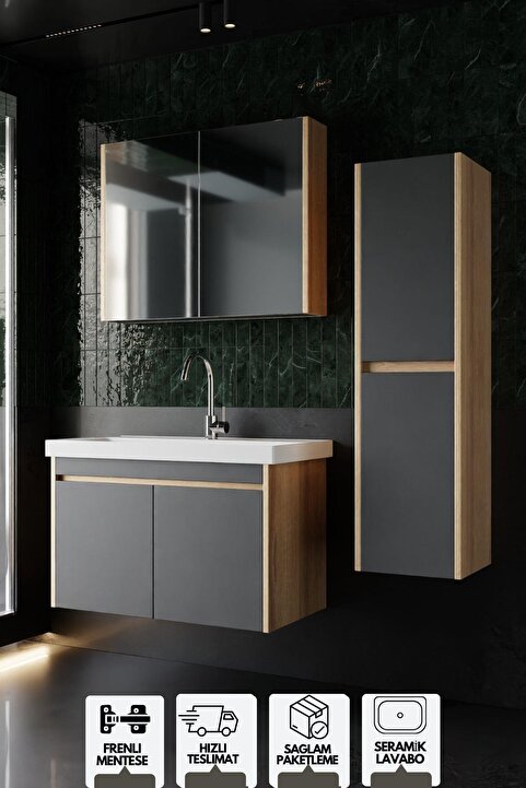 KAREN BANYO Dallas 80 Cm Lavabolu, Aynalı, Banyo Dolabı, Lavabo Dahil Boy Dolabı Dahil S.meşe-antrasit