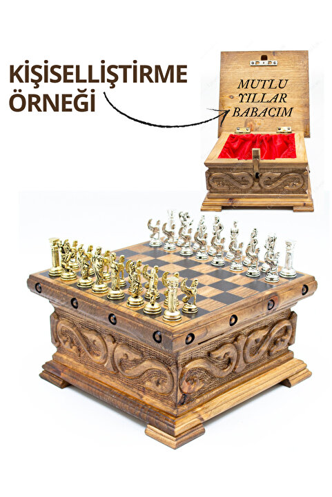 GGS GrandGiftStore Ceviz Satranç El Oyması Çam Satranç Takımı Gizli Anahtarlı El Işi Satranç Tahtası Kişiye Özel Hediye