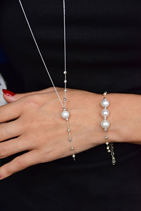 Papatya Silver 925 Ayar Gümüş Rodyum Kaplama Dorika Toplu Incili Kolye Bileklik Set