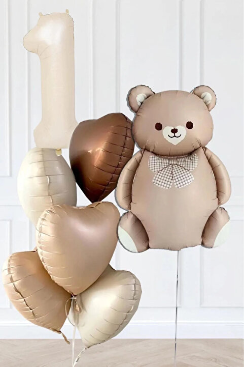AyfaStore 1 Yaş Retro Kalpler Krem Rakam Karamel Ayı Doğum Günü Balon Seti