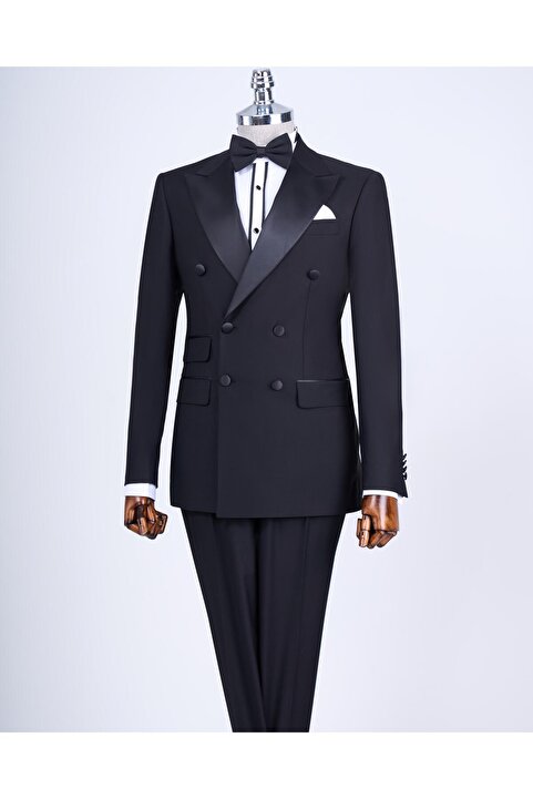 TerziAdemAltun İtalyan kesim slim fit kruvaze ceket pantolon damatlık set siyah T9213