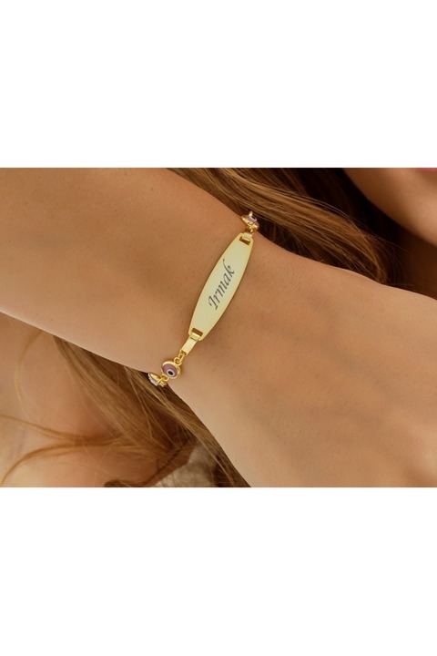 Queen Silver Jewelry 925 ayar gümüş pembe göz boncuklu çocuk künye isim yazılı