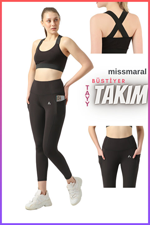 missmaral Kadın Takım Taytlı Siyah Yüksek Bel Toparlayıcı Çift Cepli Tayt Ve Ped Destekli Büstiyer 3057