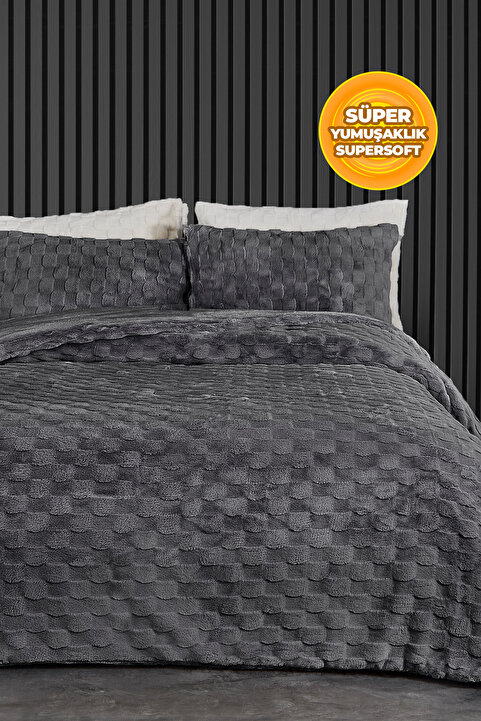Evlen Home Collection Kürk Yatak Örtüsü Yorgan Uyku Seti Çift Kişilik Çarşaflı Peluş Yumuşak Dolgulu Rody 4 Parça Antrasit