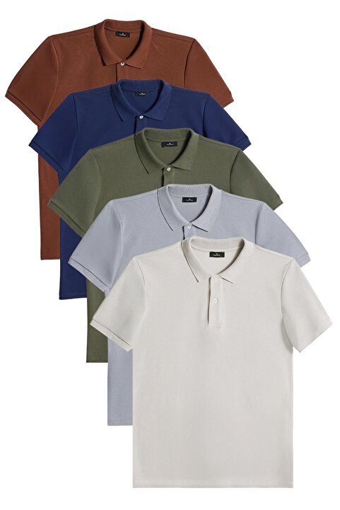 Tudors Erkek 5'li Paket Kahverengi-Lacivert-Haki-Gri-Açık Gri Slim Fit Pamuklu Düz Pike Polo Yaka Tişört