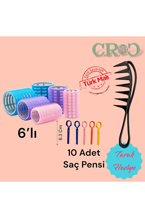 Croc 1225 Karma Bigudi 6Lı + Saç Pensi 10Lu ( Cırtlı - Yapışkanlı Saç Bigudisi )
