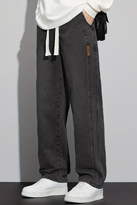 THE RULE Erkek Antrasit Baggy Beli Lastikli Likralı Düz Paça Bol Kesim Esnek Jean Denim Kot Pantolon