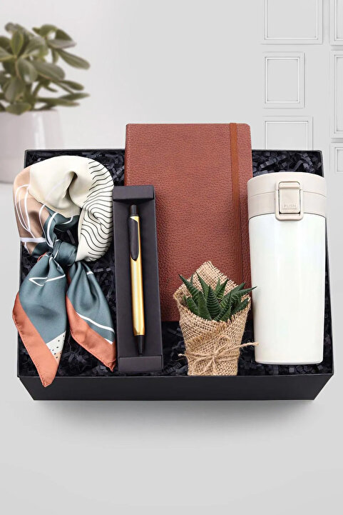 Trendmiya Kahverengi Defter & Gold-Siyah Renk Kalem & Kilitli Beyaz Çelik Termos & Fular & Sukulent Hediye Set
