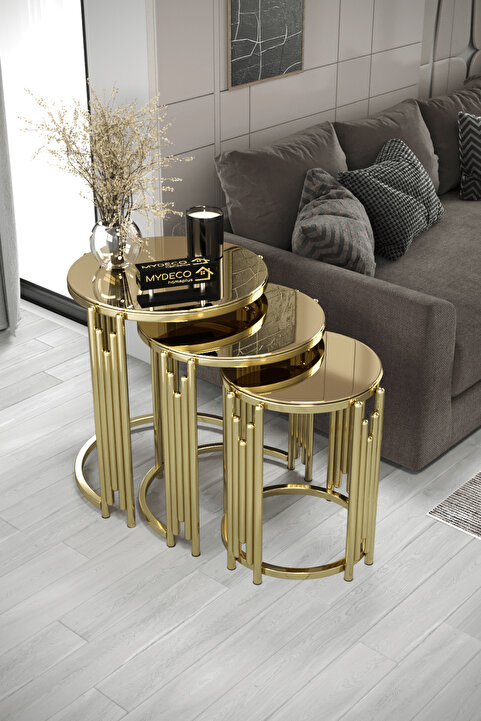 home plus mobilya Everest Piyano 3'Lü Gold Bronz Zigon Sehpa Takımı