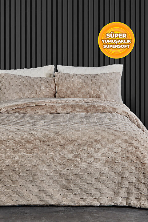 Evlen Home Collection Kürk Yatak Örtüsü Yorgan Uyku Seti Çift Kişilik Çarşaflı Peluş Yumuşak Dolgulu Rody 4 Parça Bej