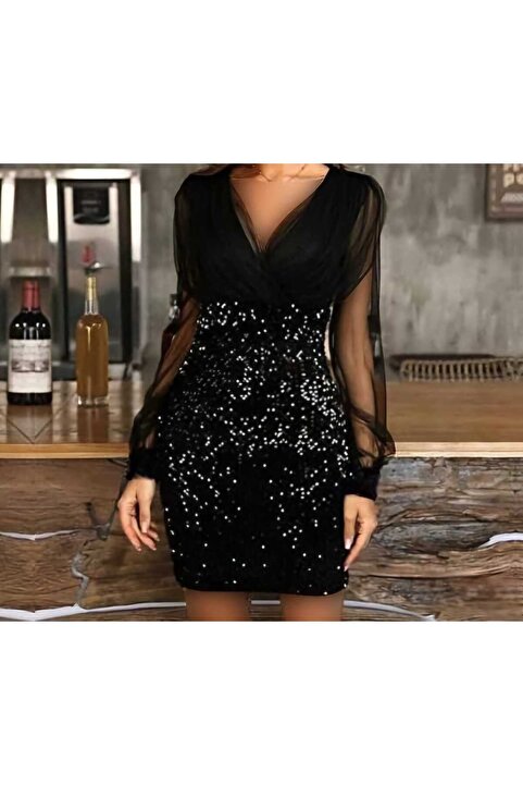 SELİN MODA EVİ Trend Mini Pullu Kadife Kalem Elbise