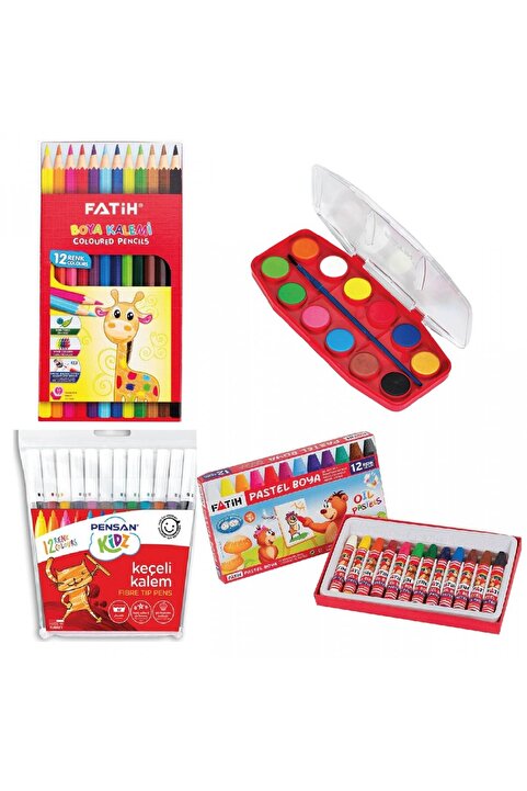 Fatih 4'lü Okul Boya Seti - (12'li Keçeli Boya + 12'li Kuru Boya + 12'li Pastel Boya + 12'li Sulu Bo