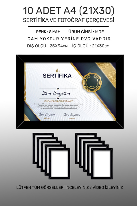 yhfoto 10 Adet A4 Çerçeve Siyah Pvcli 21x30 Sertifika Için Çerçeve Diploma Için Çerçeve Belge Için Çerçeve
