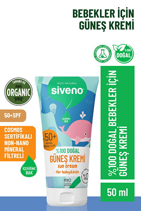 Siveno %100 Doğal Bebek Güneş Kremi Leke Karşıtı Nemlendirici Bitkisel Vegan SPF 50+ UVA UVB 50 ml
