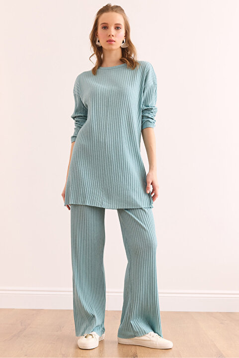 Olalook Kadın Mint Yeşili Üst Yırtmaçlı Bluz Alt Palazzo Fitilli Takım TKM-19000180