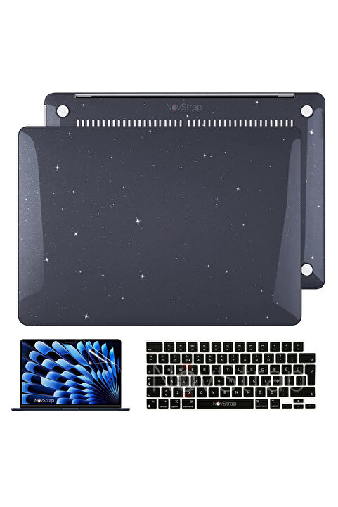 NovStrap Apple Macbook Air 15 Inç A2941 A3114 A3241 M2 M3 M4 Ile Uyumlu Simli Kılıf Siyah Klavye Kılıfı Film