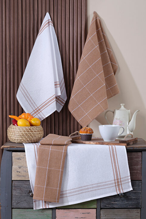 LADYNİL 4'lü Mutfak Havlusu Seti & Alman Peçetesi 50x70 Cm % 100 Pamuk Ve Yıkanmış Büyük Kareli