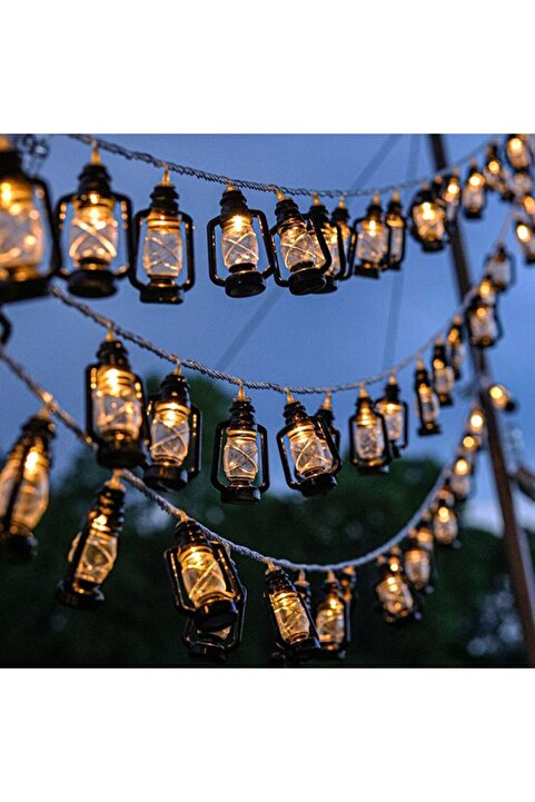SD WORKS Güneş Enerjili 7 Metre 50 Ledli Retro Gaz Lamba Serisi Kerosene Ambiance Lamp Dış Mekan Aydınlatma