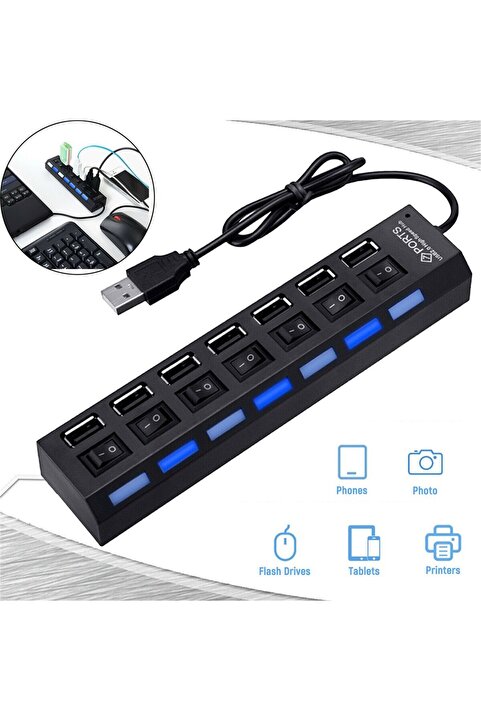 Derwell 7 Port Usb Çoklayıcı Hub Anahtarlı Aç/kapa Düğmeli Işıklı Usebe Çoğaltıcı Hub Switch Tak Çalıştır