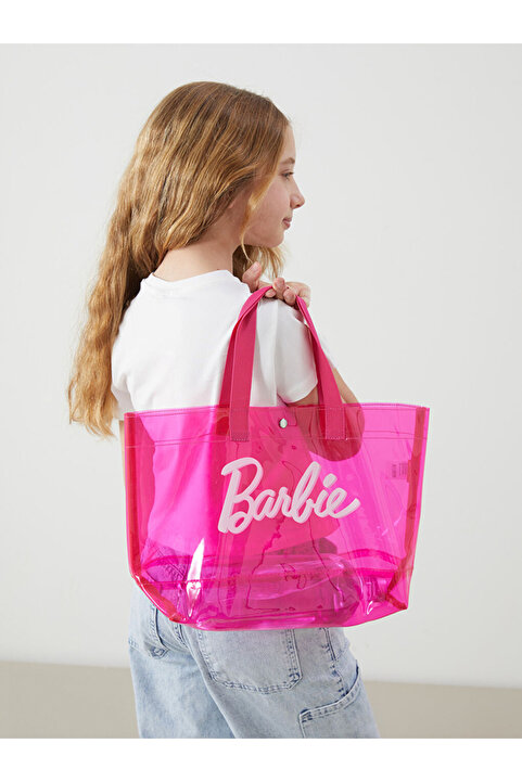LC Waikiki Fuşya Pembe Barbie Baskılı Çıtçıt Düğmeli Kız Çocuk Plaj Çantası 31x24
