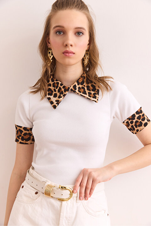Olalook Kadın Beyaz Leopar Gömlek Yaka Esnek Pamuk Bluz BLZ-19002869