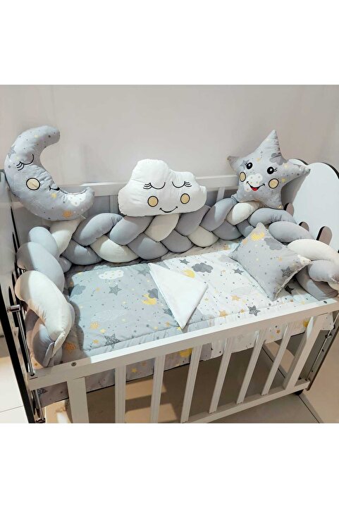 JULYA KİDS 3Lü Örgülü Kenar Koruma Süslü Yastık 7 Parça 60*120 Cm Bebek Beşik Uykuseti