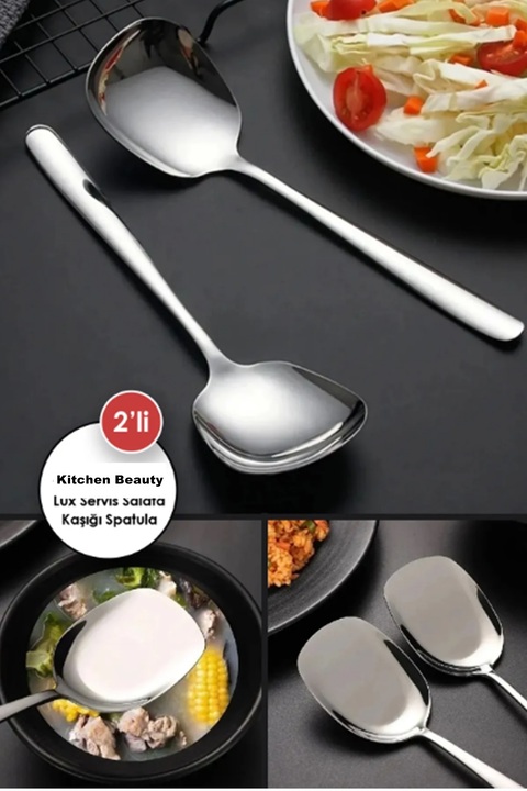 Kitchen Beauty 2 ADET Pratik 21 Cm Paslanmaz Çelik Lüx Servis Salata Kaşığı Spatula | Çelik Yemek Servis Kaşığ