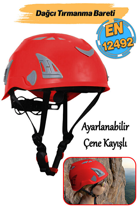 Badem10 Dağcı Tırmanma Bareti Kırmızı Renk Baş Koruyucu Kask CE En12492 Sertifikalı 51-62 cm Ayarlanabilir