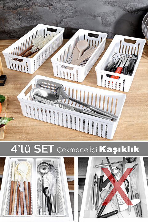 Meleni Home 4'lü Modüler Kaşıklık Seti - Mutfak Düzenleyici Çekmece İçi Organizer Bıçaklık Kepçelik Beyaz
