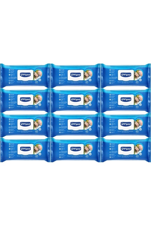 Canped Hasta Vücut Perine Temizleme Islak Mendil Havlu 48 Yaprak Xl (12 Lİ SET) Plastik Kapaklı