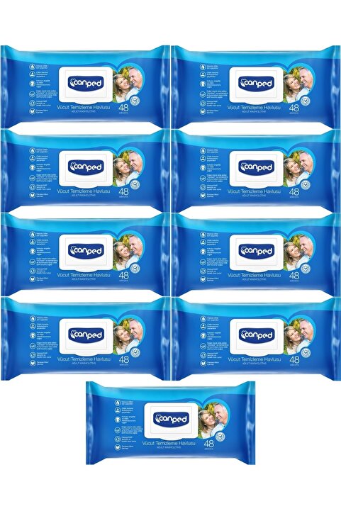 Canped Hasta Vücut Perine Temizleme Islak Mendil Havlu 48 Yaprak Xl (9 LU SET) Plastik Kapaklı