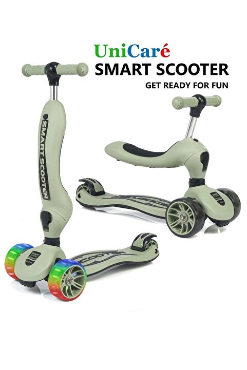 UniCare Smart Oturaklı Çocuk Scooter 3 Tekerlekli Led Işıklı Scooter Yükseklik Ayarlı 1-5 Yaş Askeri Yeşil