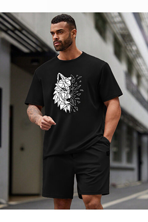 coolart Kurt Desen T-Shirt Şort - Siyah Alt Üst Takım Şort Tişört Kombin Baskılı Bisiklet Yaka